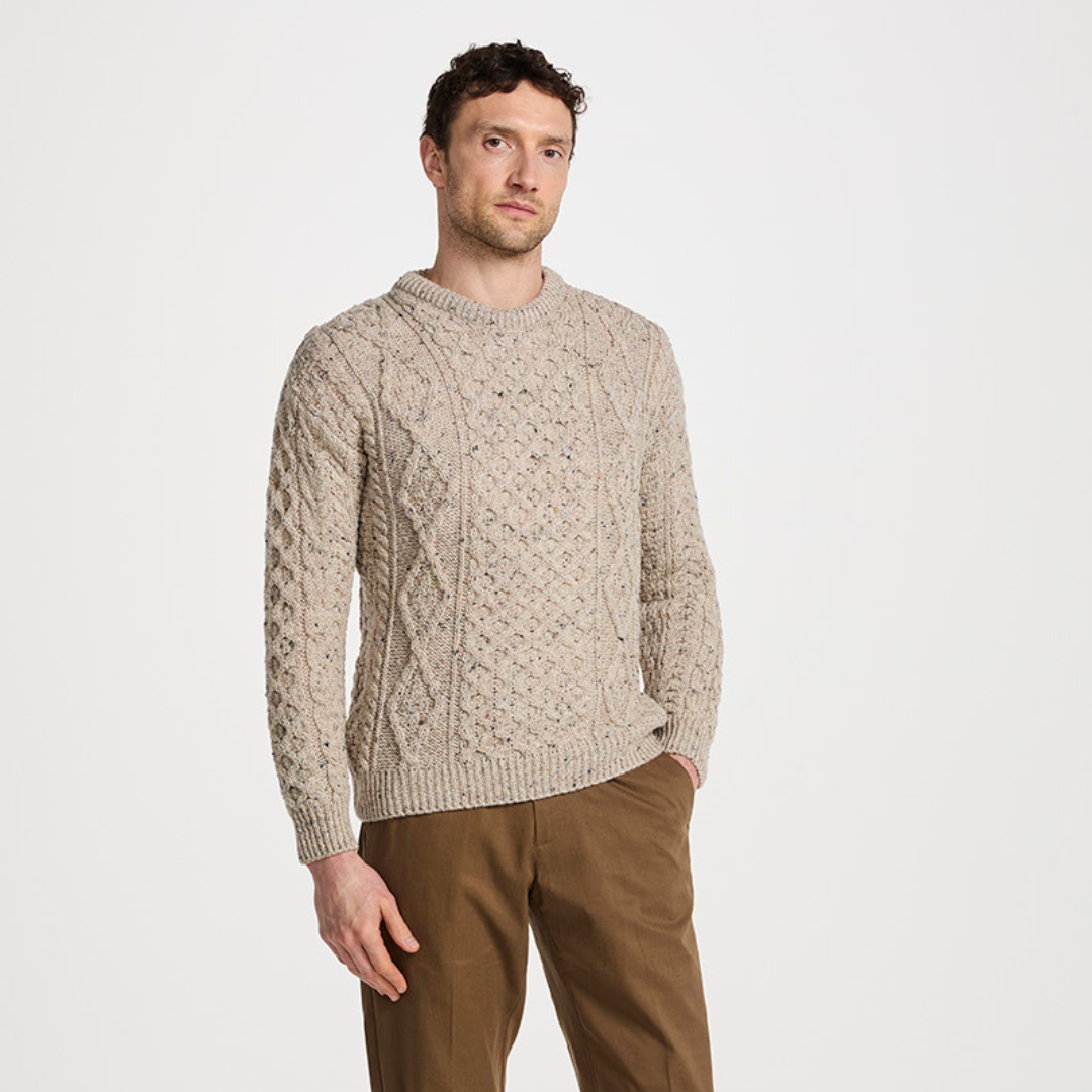 Mens Crewneck Worsted Aran Wool Oatmeal Fleck Jumper