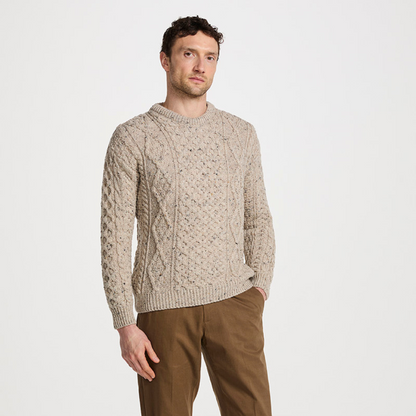 Mens Crewneck Worsted Aran Wool Oatmeal Fleck Jumper