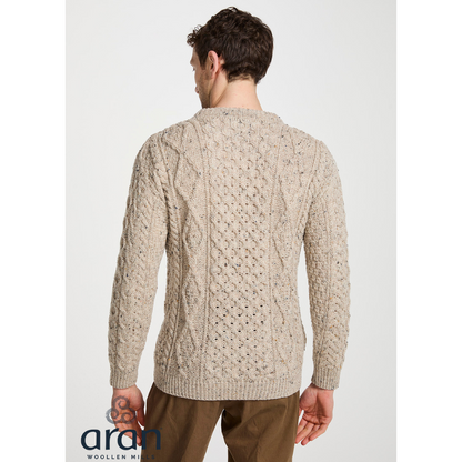 Mens Crewneck Worsted Aran Wool Oatmeal Fleck Jumper