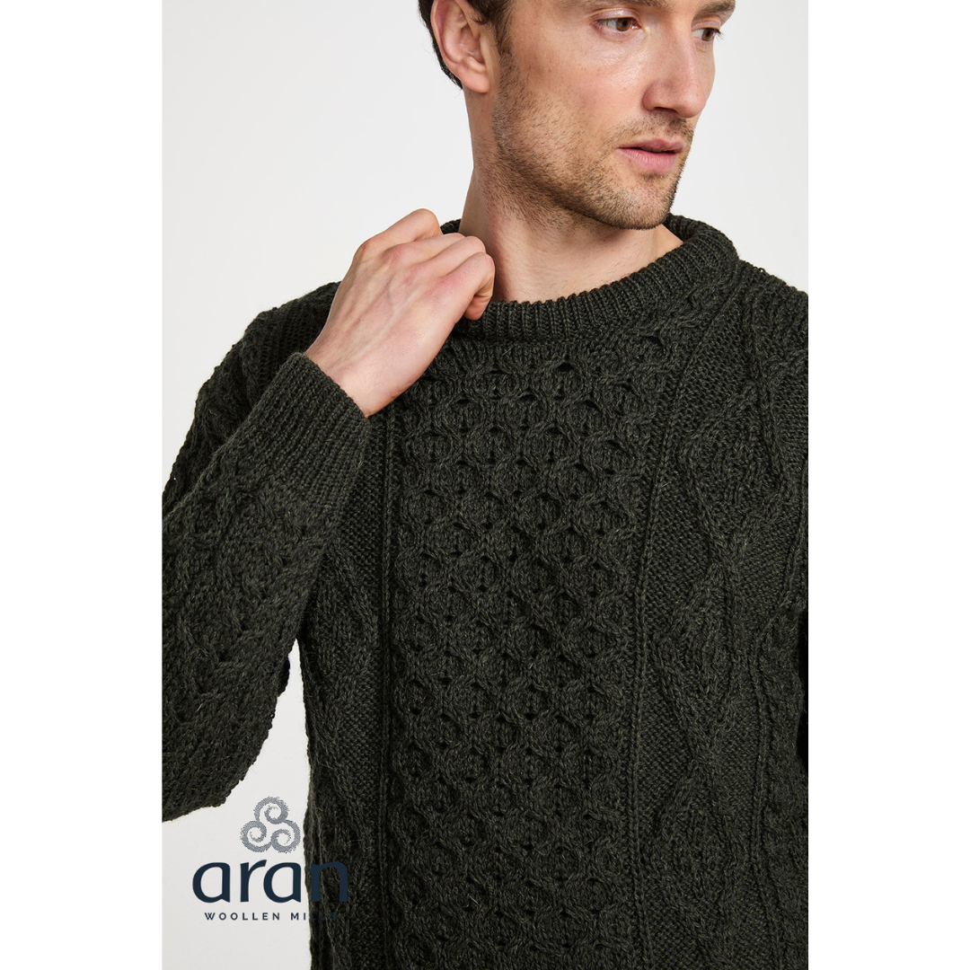 Mens Crewneck Worsted Aran Wool Charcoal Jumper 