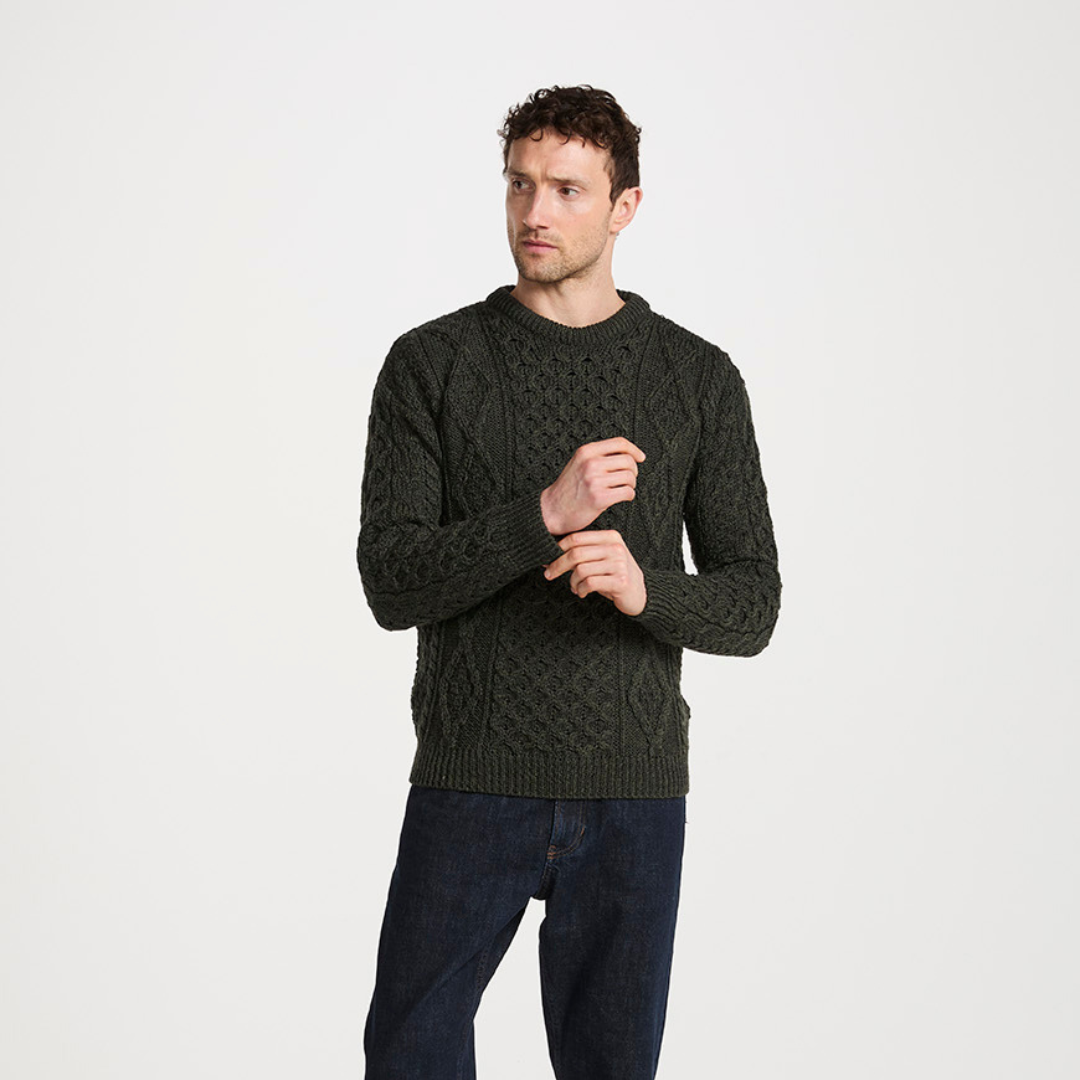 Mens Crewneck Worsted Aran Wool Charcoal Jumper