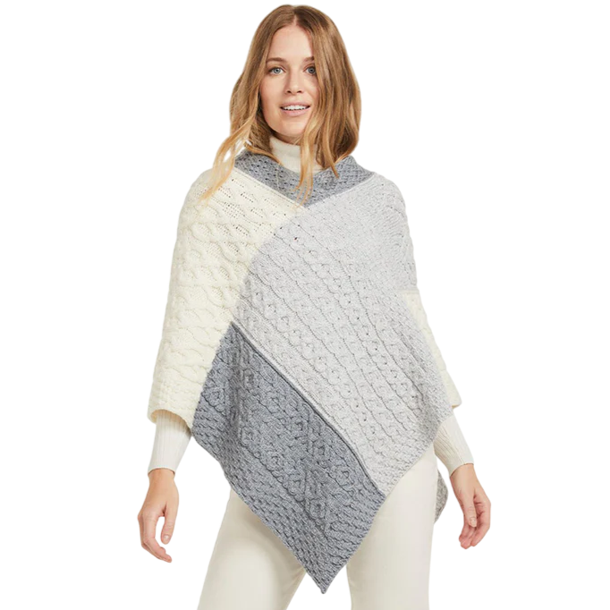 Ladies Aran Tri Colour Patchwork Poncho