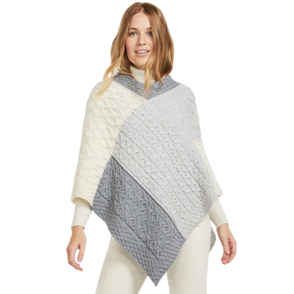 Ladies Aran Tri Colour Patchwork Poncho