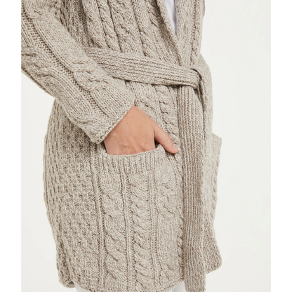 Ladies Aran Shawl Neck Belted Oatmeal Cardigan