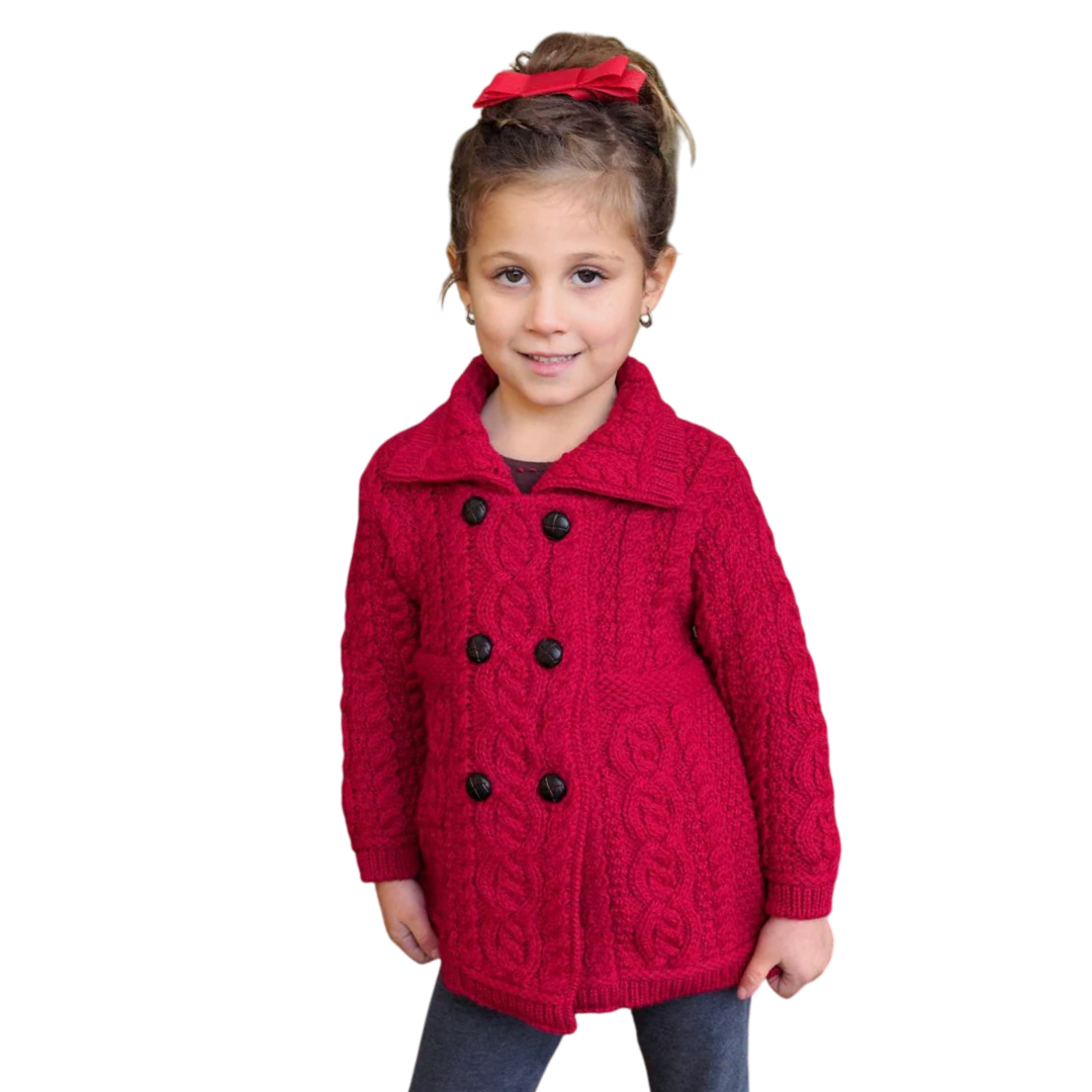 Kids Double Breasted Aran Garnet Red Cardigan