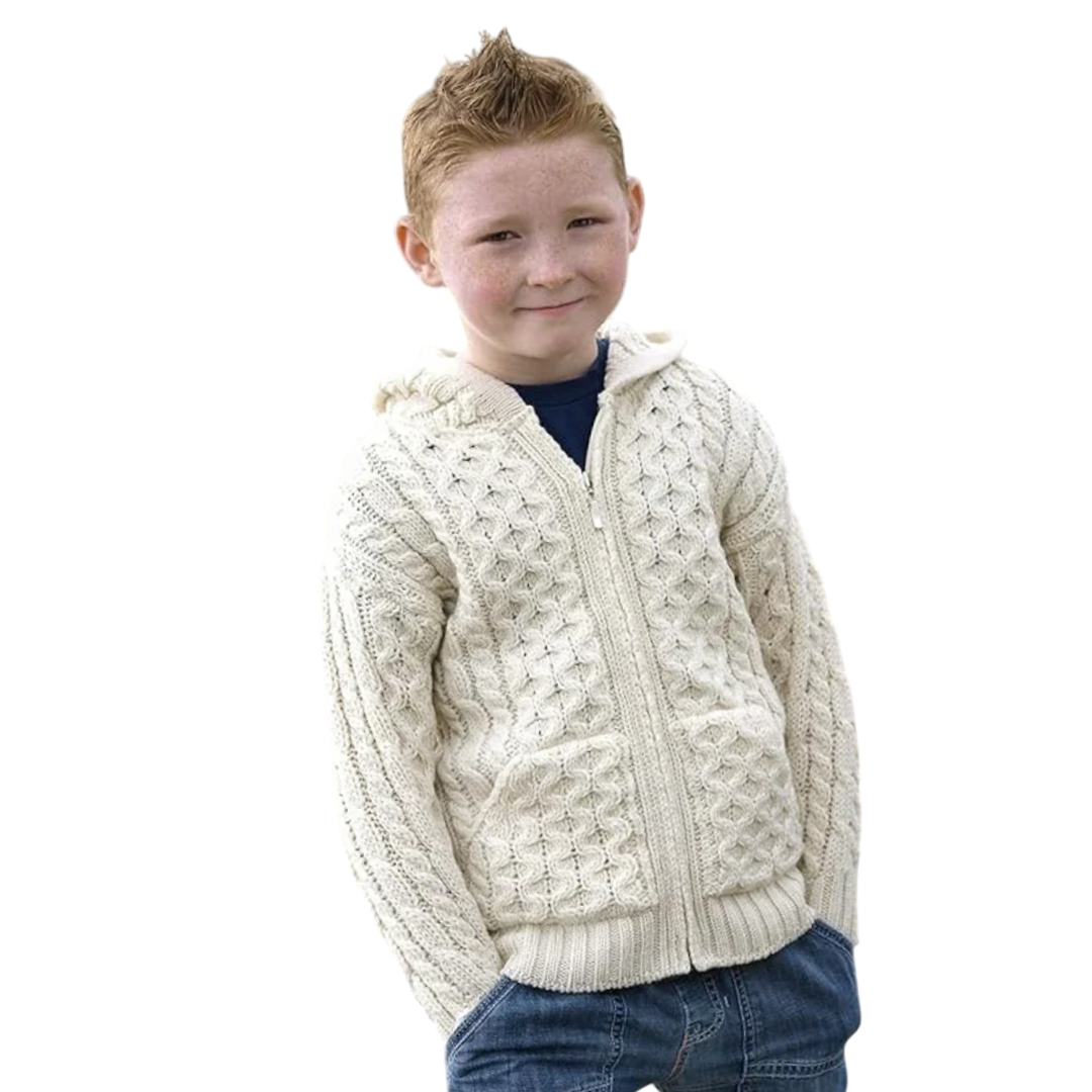 Kids Hooded Aran Zip Ecru Cardigan