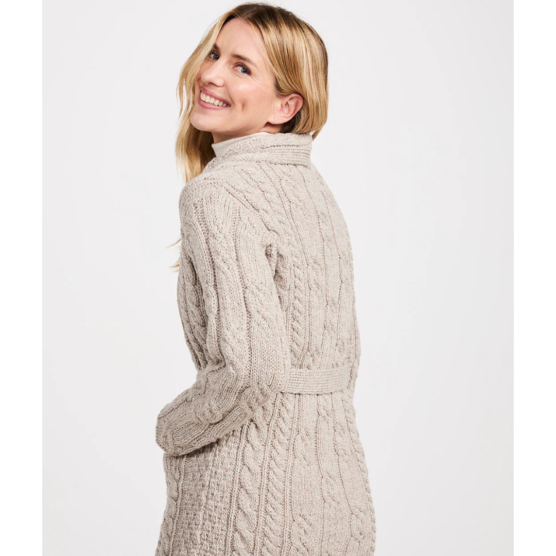 Ladies Aran Shawl Neck Belted Oatmeal Cardigan