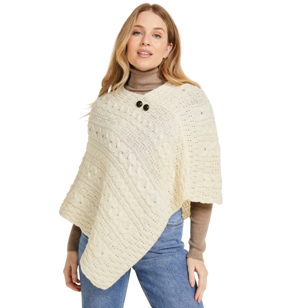 Ladies Buttoned Aran Natural Poncho