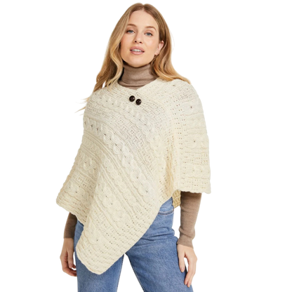 Ladies Buttoned Aran Natural Poncho