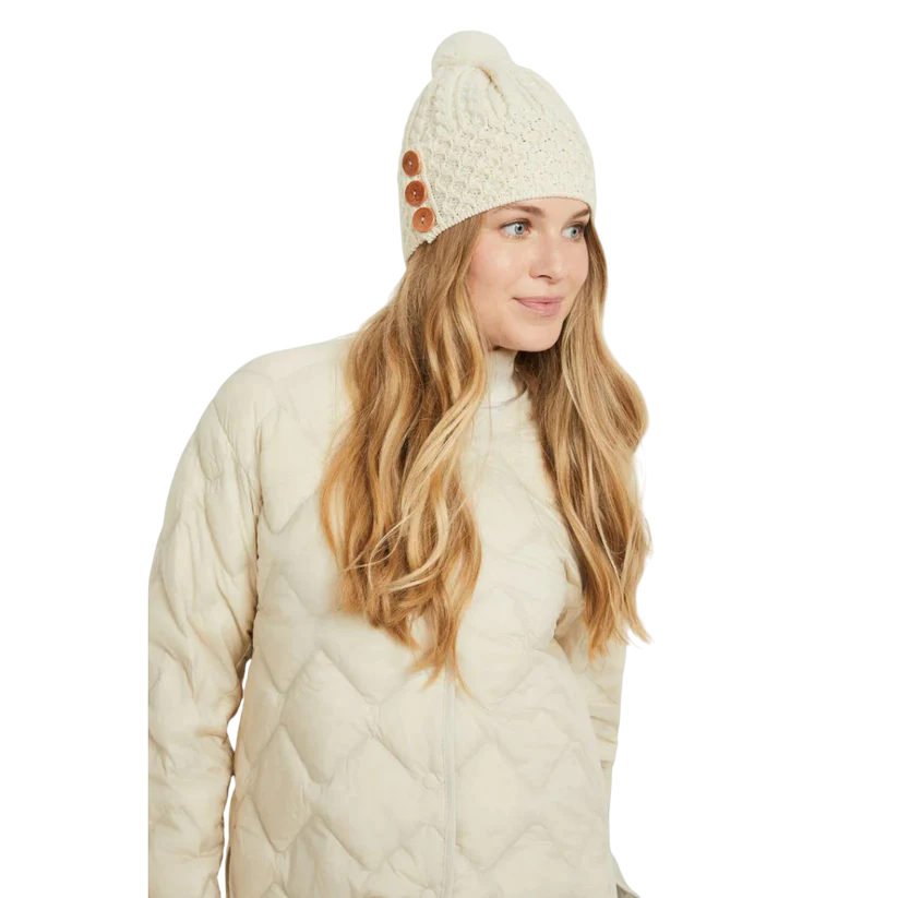 Ladies Aran Bauble Natural Hat 