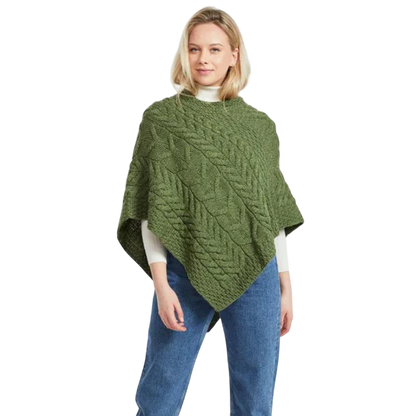 Ladies Aran Cable Knit Triangular Poncho Green