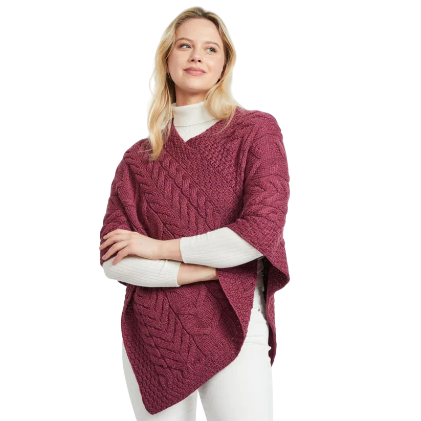 Ladies Aran Cable Knit Triangular Raspberry Poncho