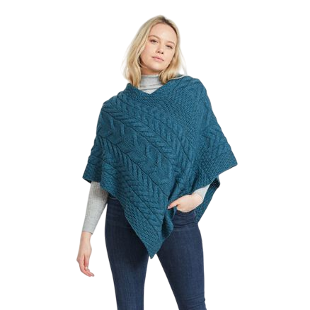 Ladies Aran Cable Knit Triangular Teal Poncho
