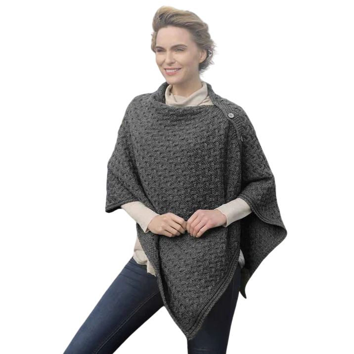 Ladies Aran Buttoned 3 Ways Charcoal Poncho