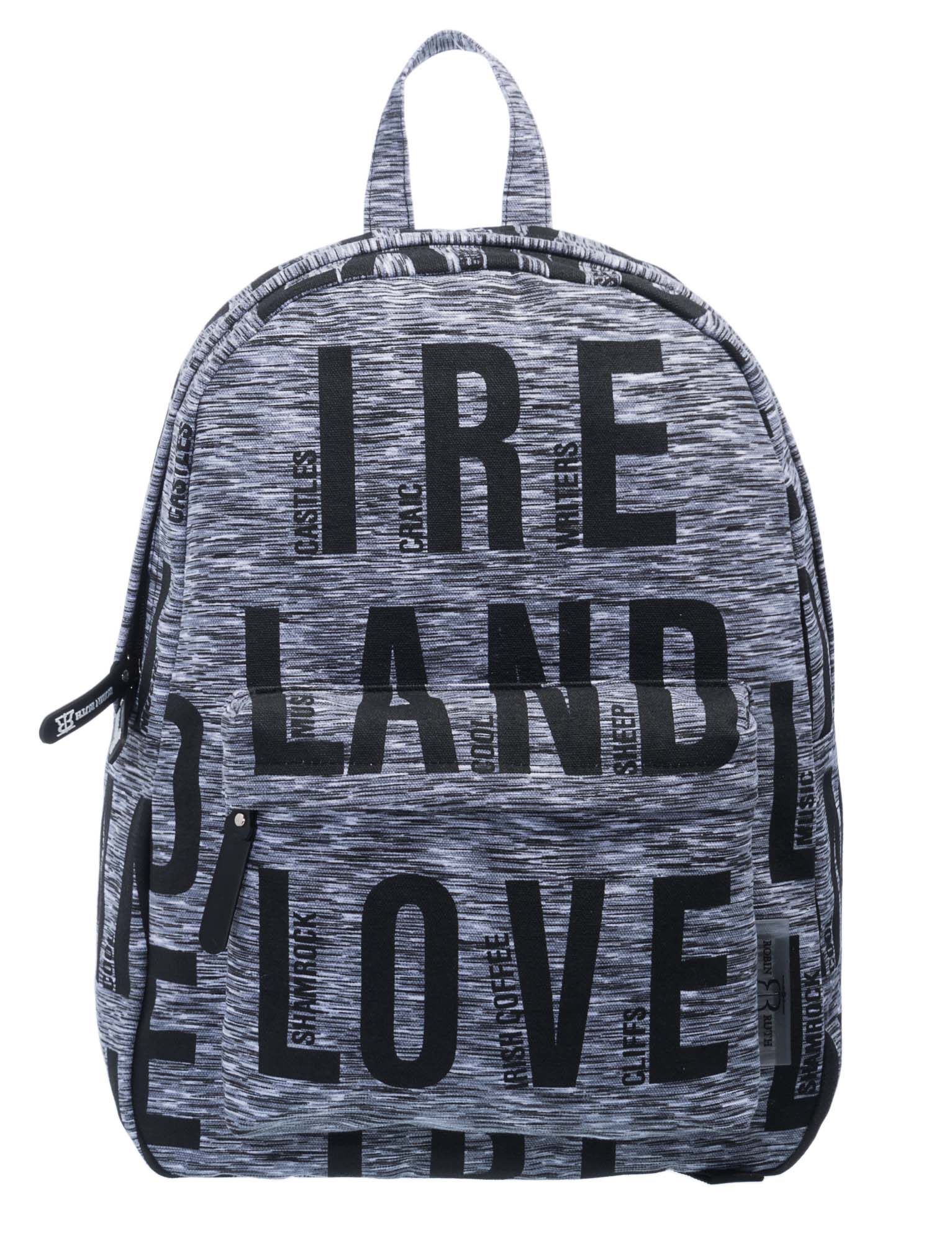 Gray backpack with black text pattern including words like Ireland and love