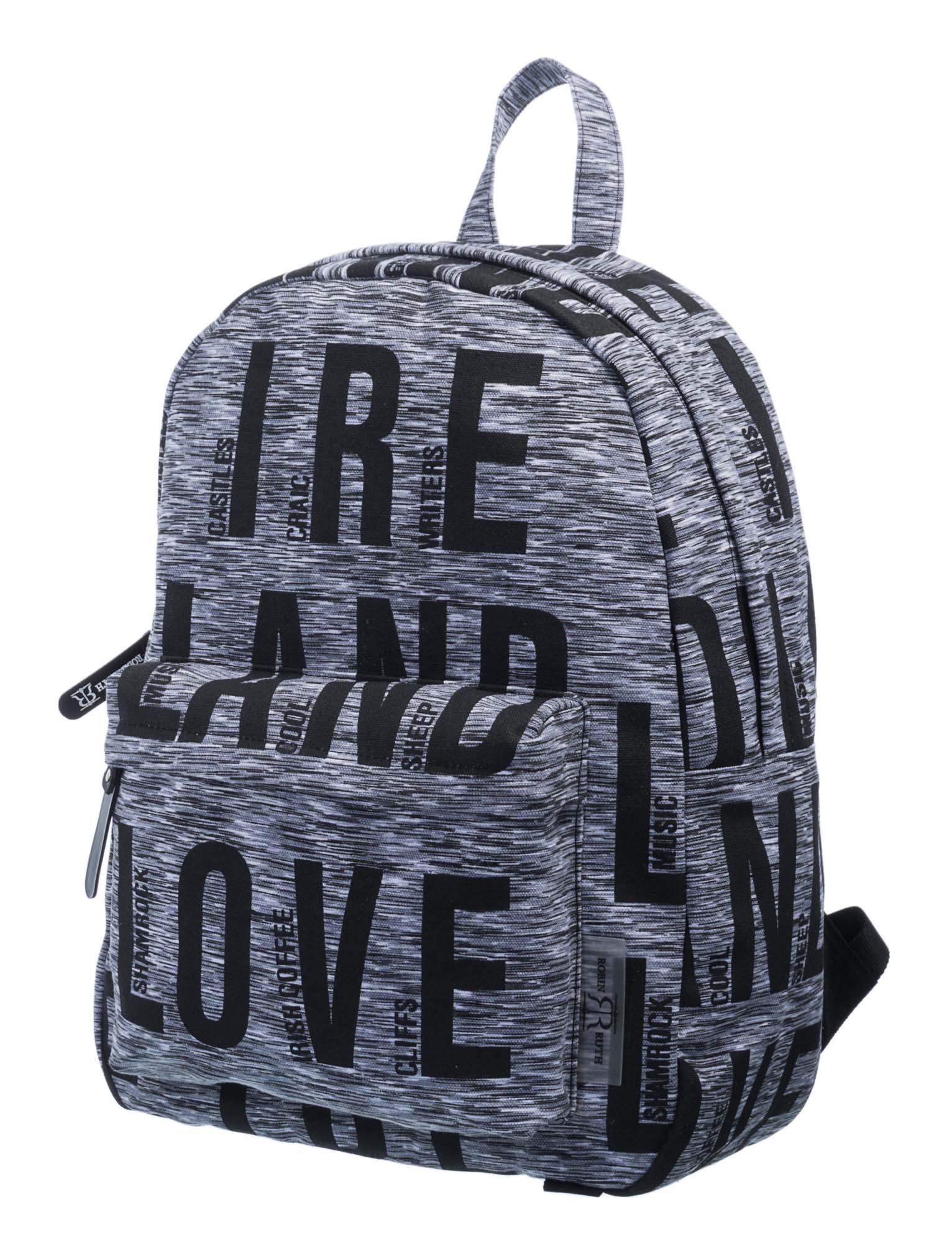 Gray backpack with black text patterns and front zipper pocket