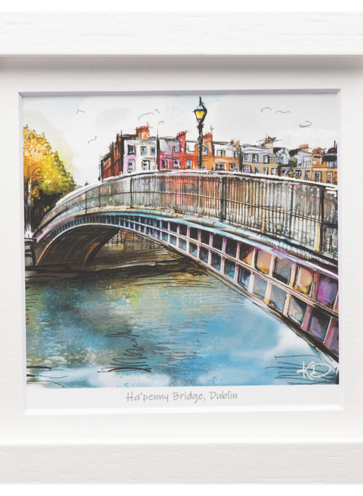 Framed watercolor painting of Ha'penny Bridge over river in Dublin