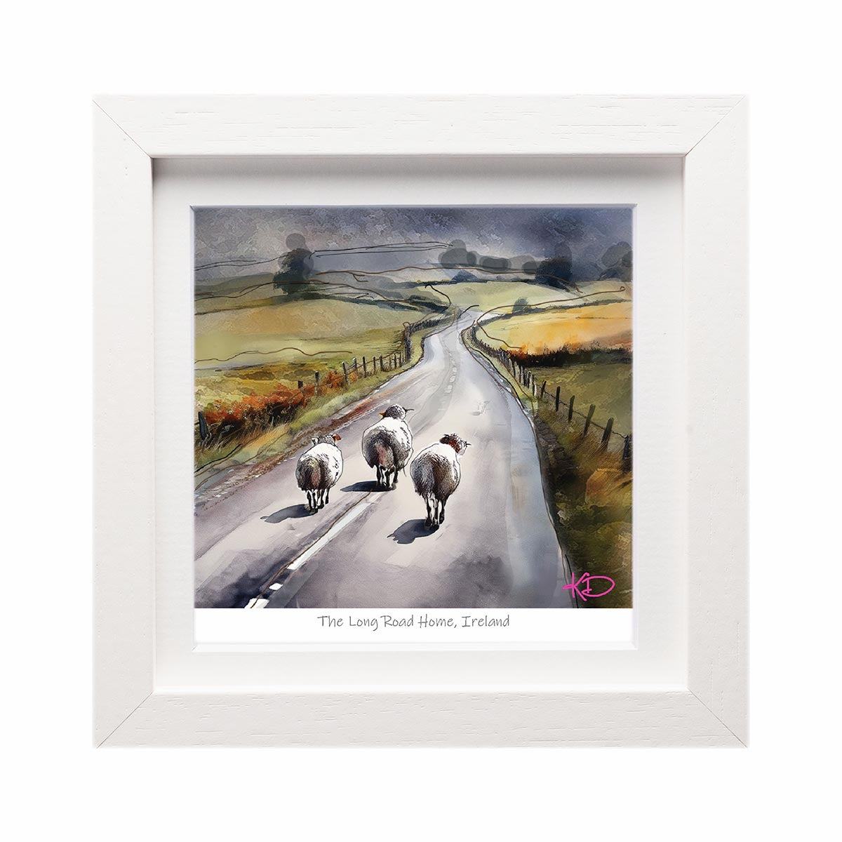Framed print titled The Long Road Home Ireland depicting three sheep on a winding countryside road.
