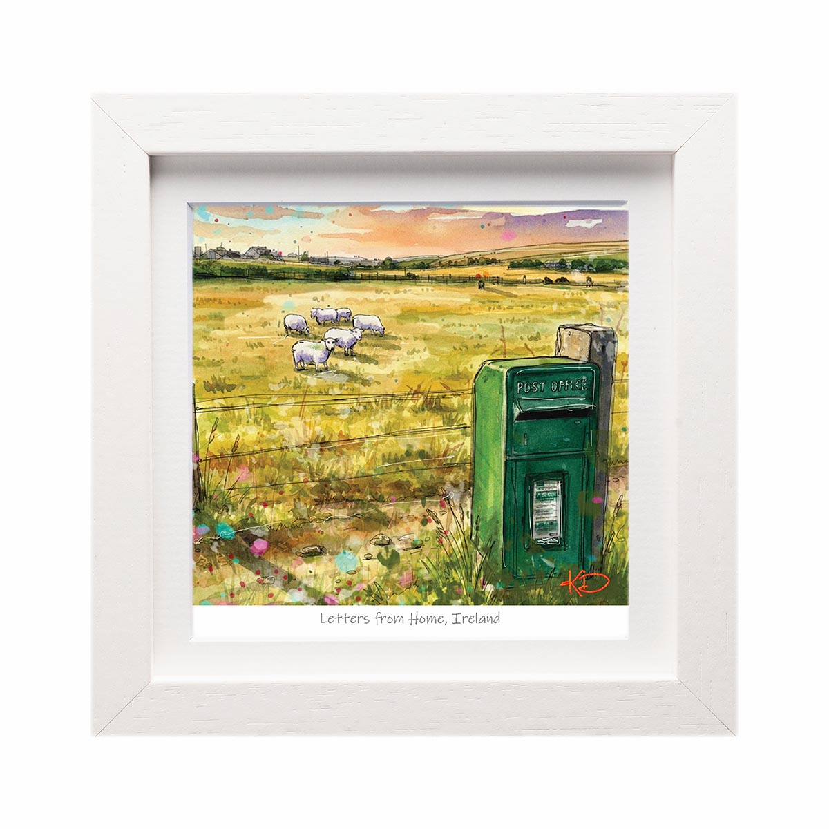 Letters From Home Ireland 6x6 framed print showing a sunlit rural scene with a green post box in the field