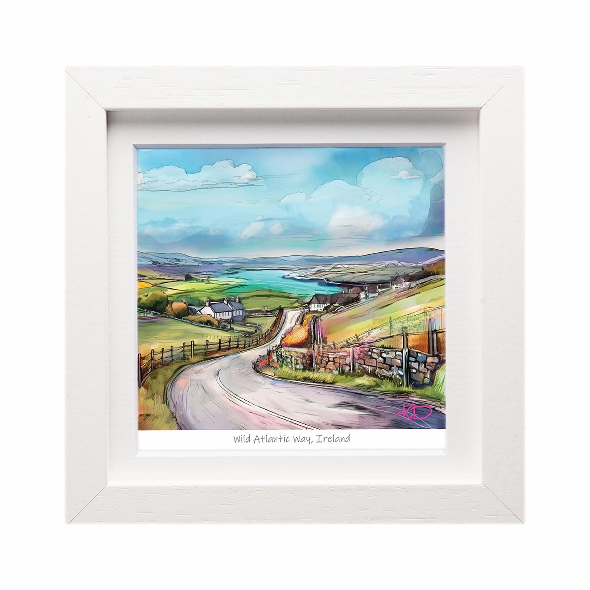 Wild Atlantic Way Ireland print of a winding road through rolling countryside toward the coast with bright skies