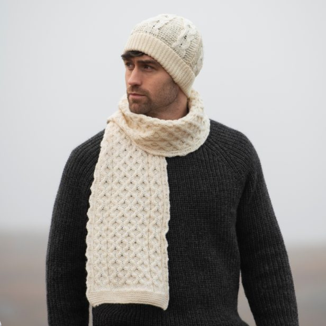 Merino Wool Honeycomb Hat & Scarf Set Natural 