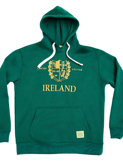Green hoodie with white drawstrings and Ireland crest design