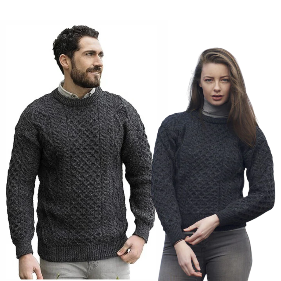 Men's Aran Crew Neck Charcoal Sweater
