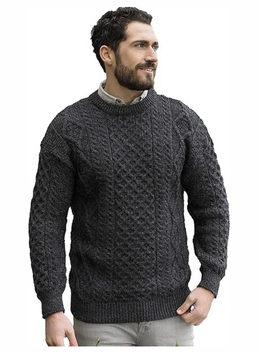 Men's Aran Crew Neck Charcoal Sweater