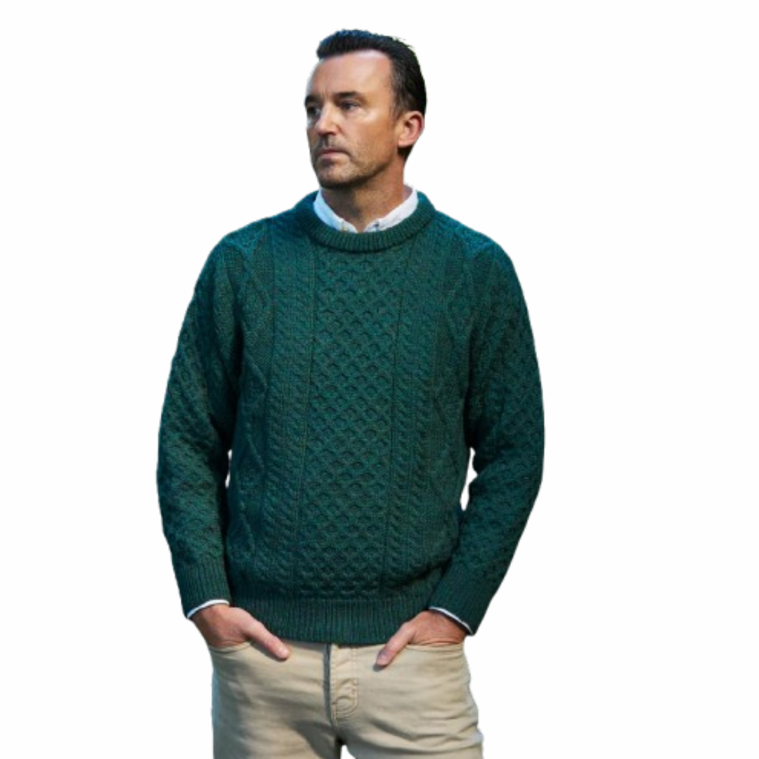 Men's Aran Cable Knit Crew Neck Wool Sweater Moss Green