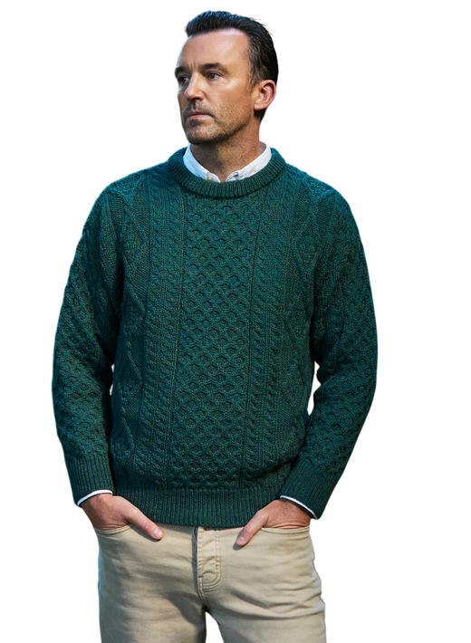 Men's Aran Cable Knit Crew Neck Moss Green Jumper