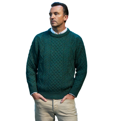Men's Aran Cable Knit Crew Neck Moss Green Jumper