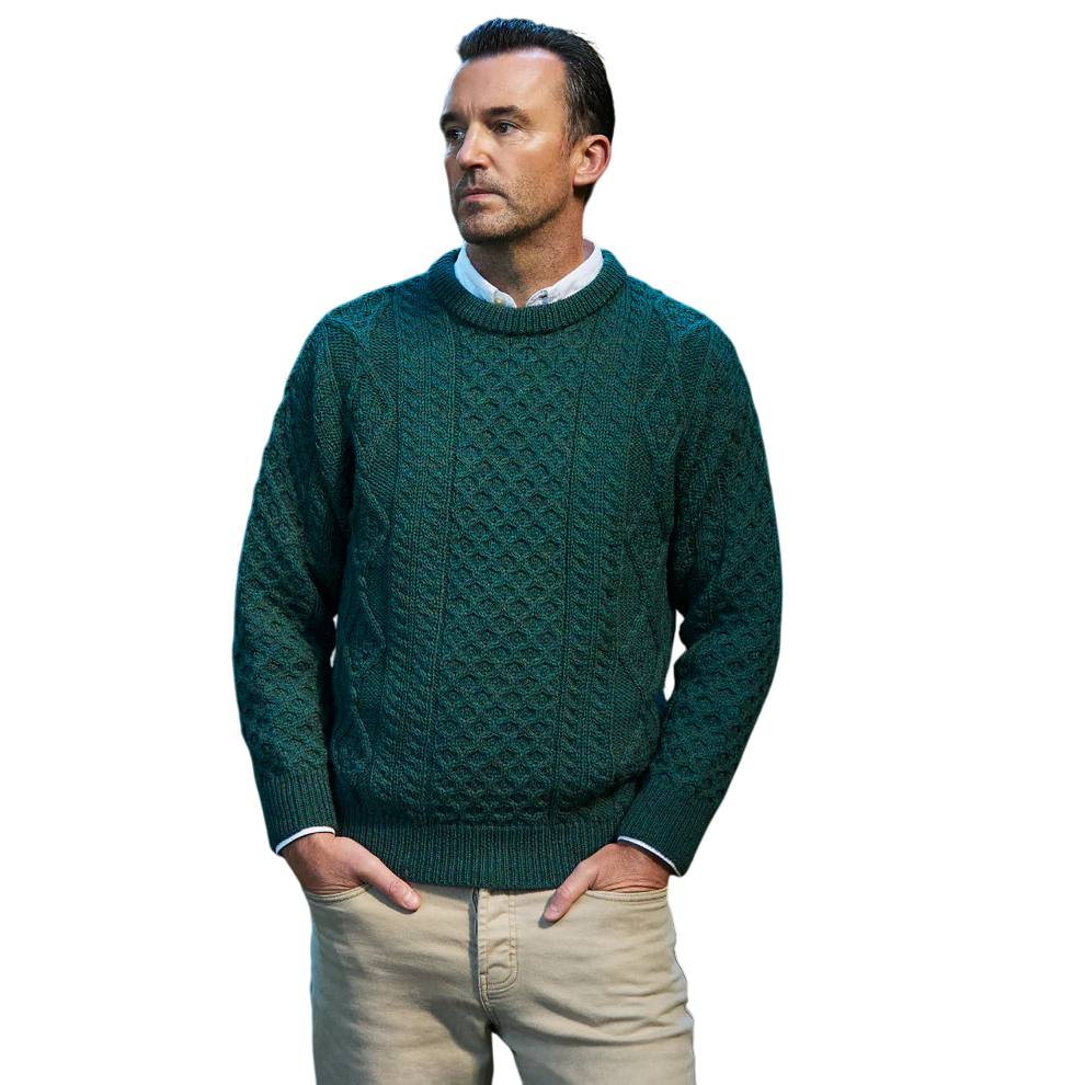 Men's Aran Cable Knit Crew Neck Moss Green Jumper