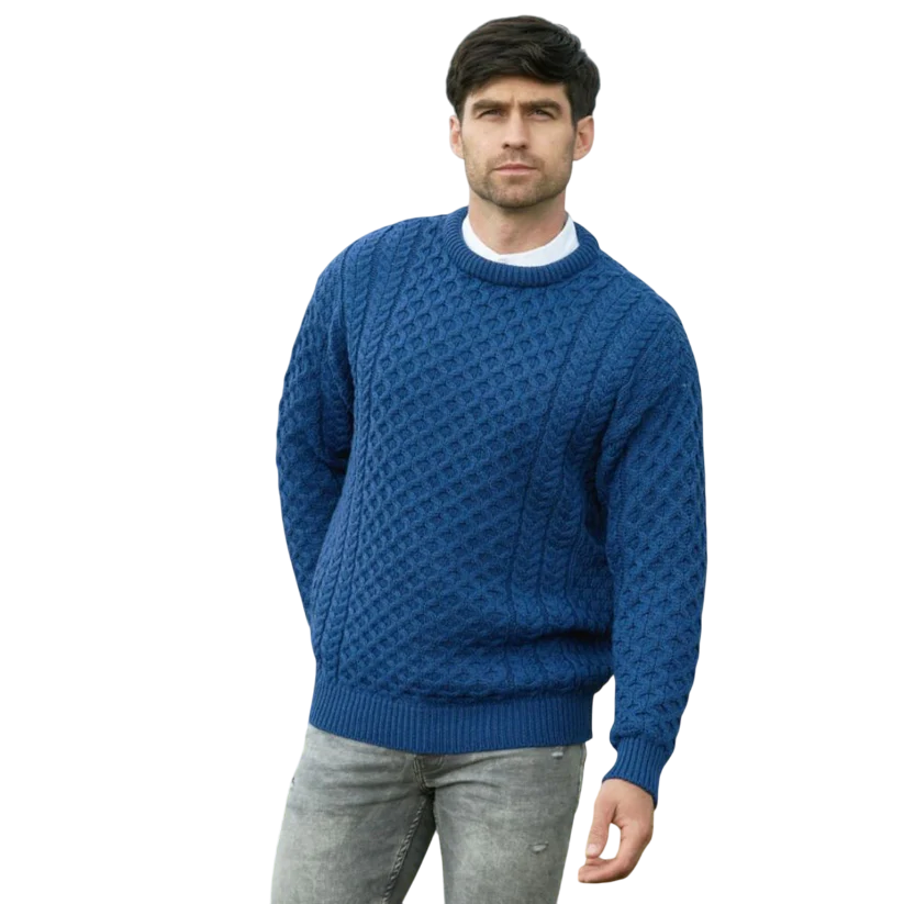 Men's Cable Knitted Aran Crew Neck Blue Jumper