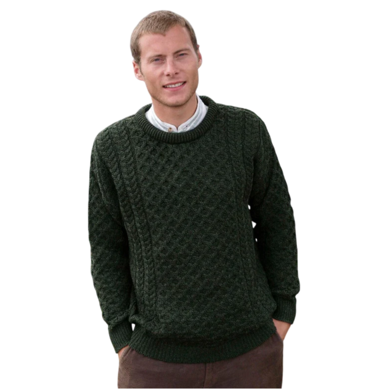 Men's Merino Wool Aran Crew Neck Green Jumper