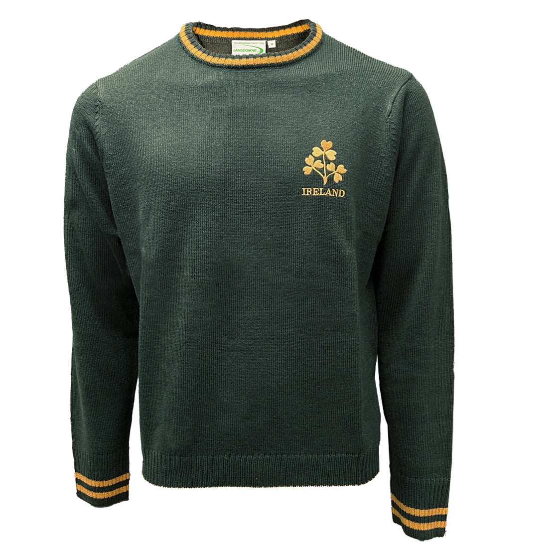 Bottle green Ireland jumper with a gold shamrock crest on the chest and yellow striped ribbed collar and cuffs