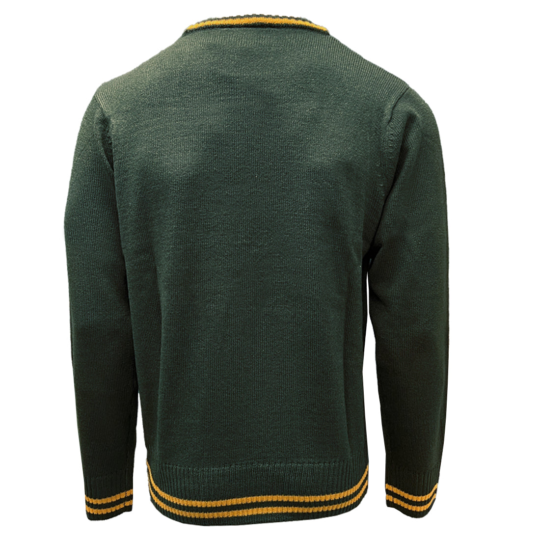 Back view of Ireland Bottle Green Three Shamrock Crew Neck Jumper with gold striped hem and cuffs