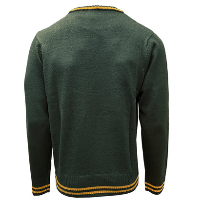 Back view of Ireland Bottle Green Three Shamrock Crew Neck Jumper with gold striped hem and cuffs