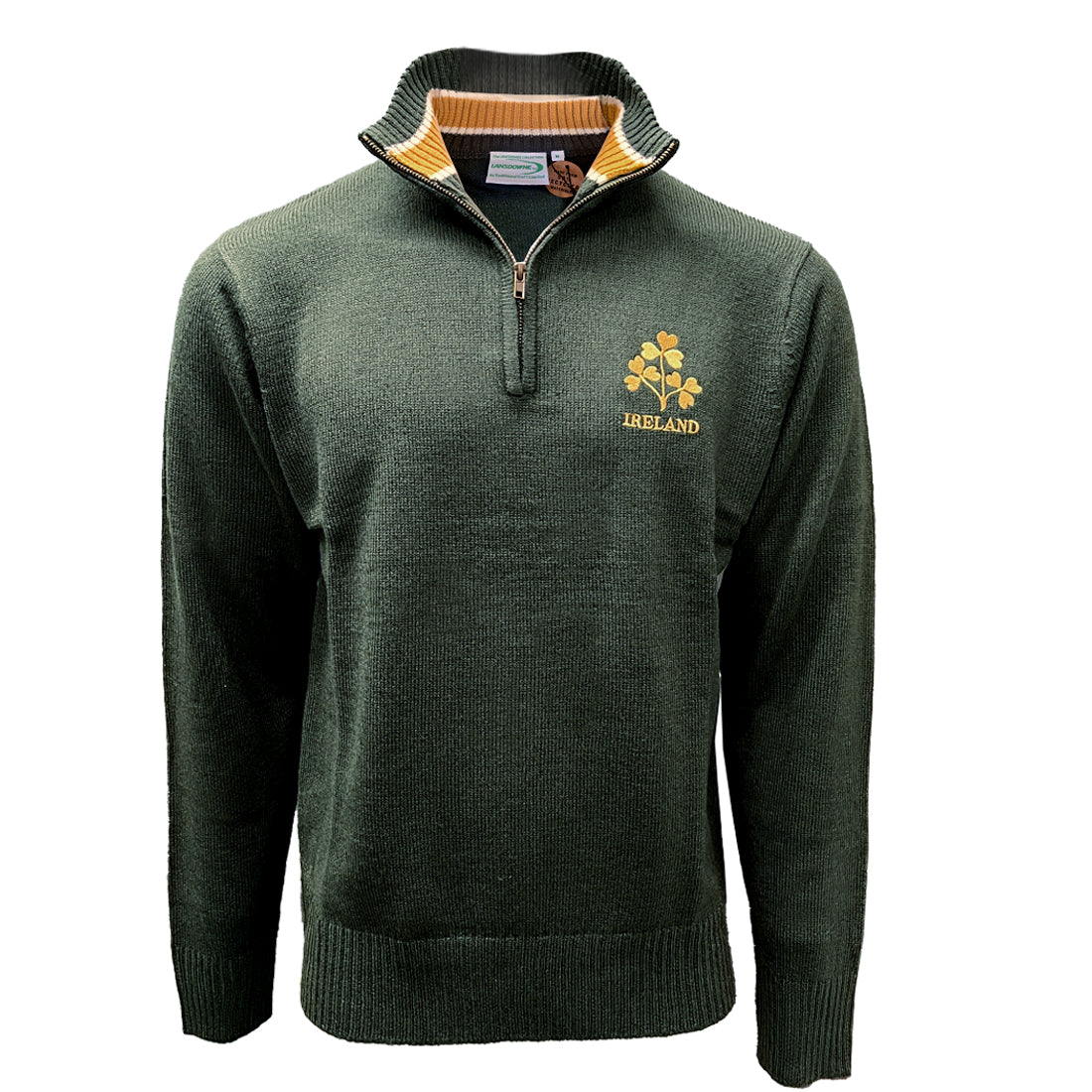 Bottle green quarter zip jumper with gold shamrock crest and IRELAND embroidery and striped collar lining