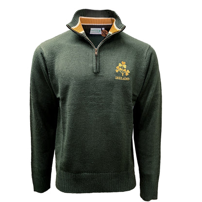 Bottle green quarter zip jumper with gold shamrock crest and IRELAND embroidery and striped collar lining