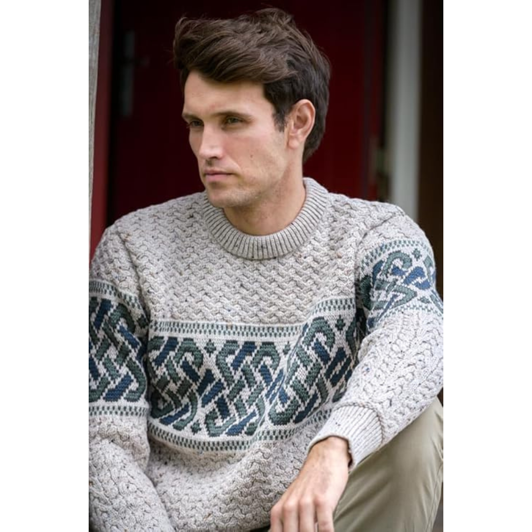 Irish Aran Jacquard Crew Neck Jumper Oatmeal