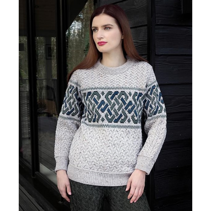 Irish Aran Jacquard Crew Neck Jumper Oatmeal
