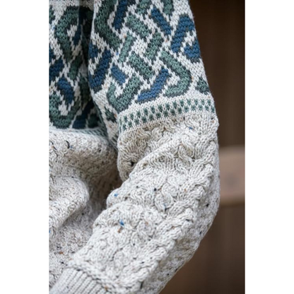 Irish Aran Jacquard Crew Neck Jumper Oatmeal