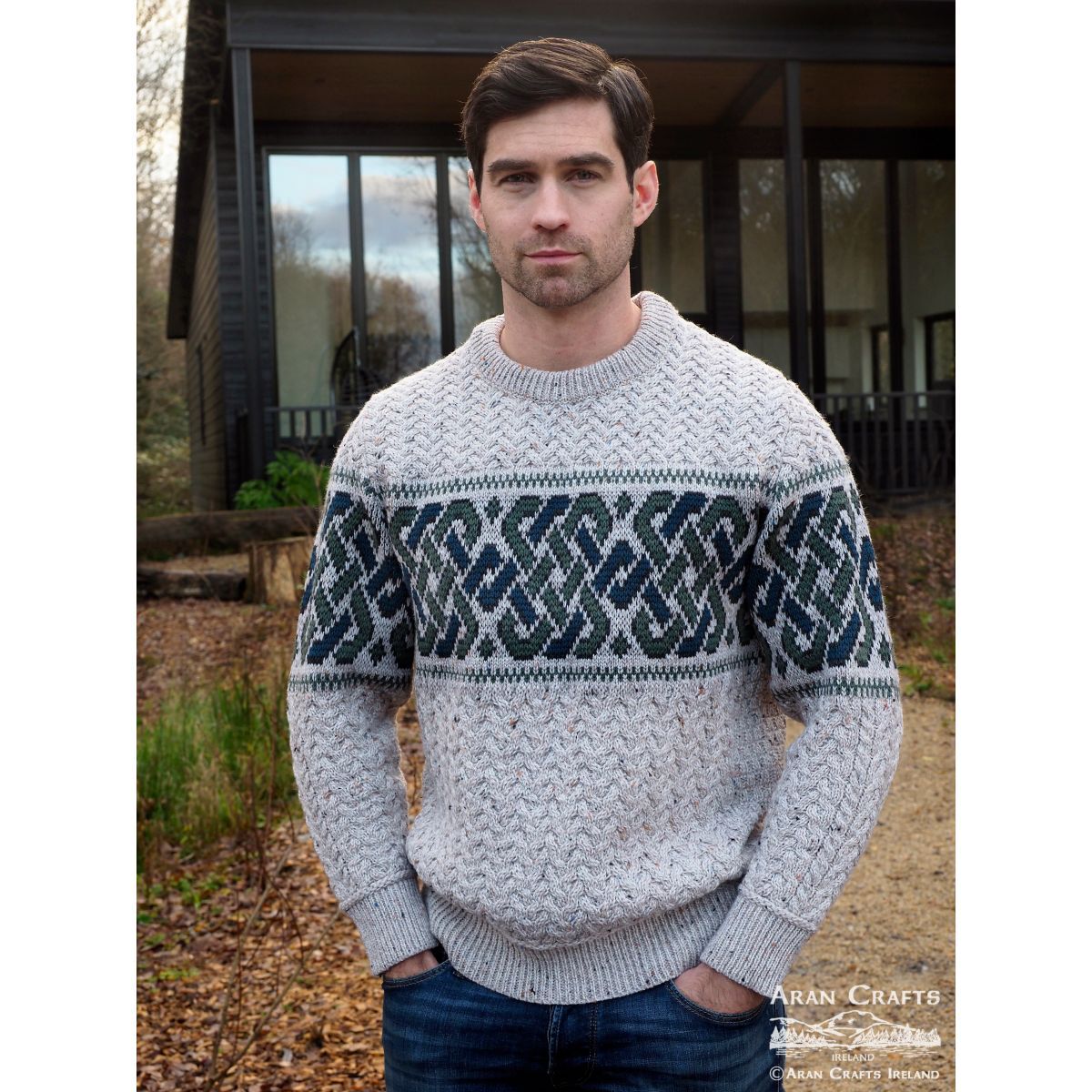 Irish Aran Jacquard Crew Neck Jumper Oatmeal