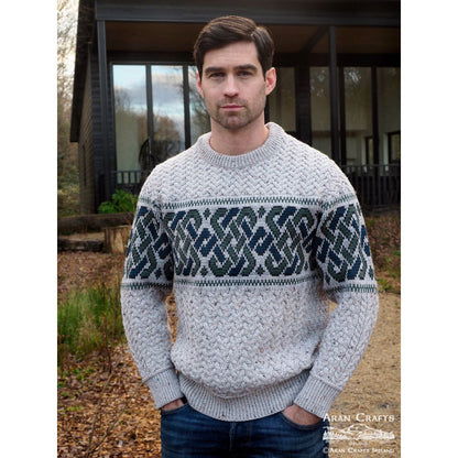 Irish Aran Jacquard Crew Neck Jumper Oatmeal