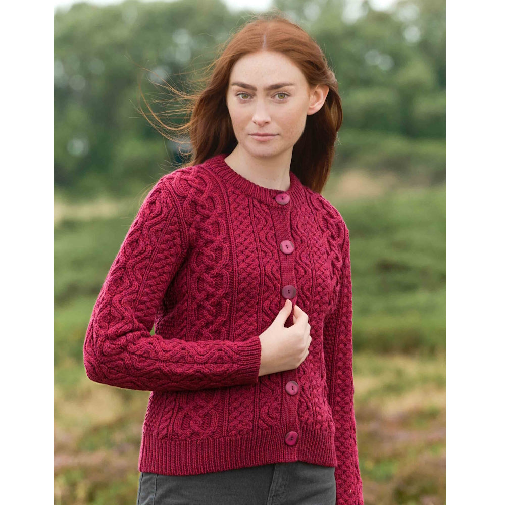 Women's Tramore Short Button Fuchsia Aran Cardigan 