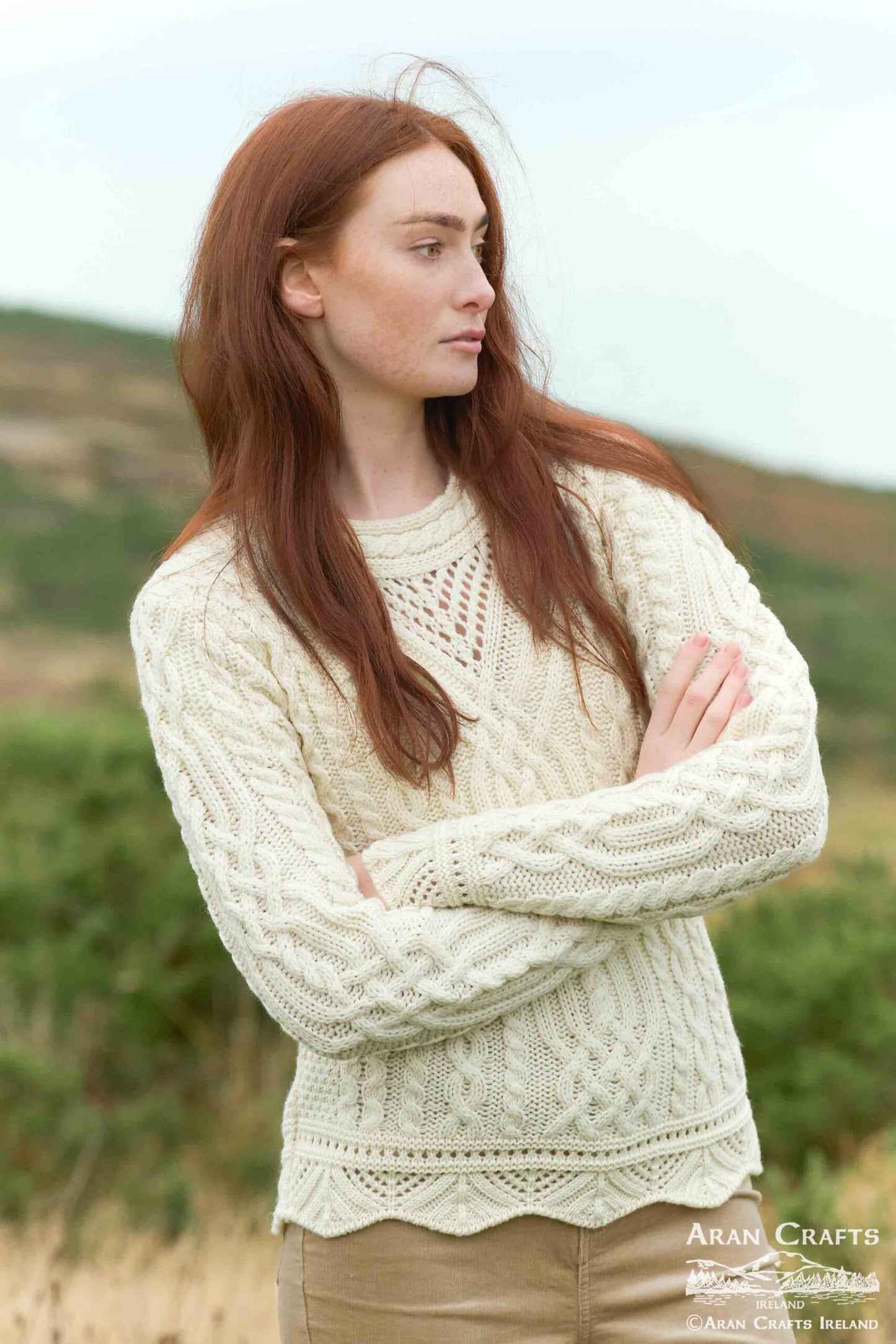 Women's Streedagh Scallop Lace Stitch Natural Aran Sweater