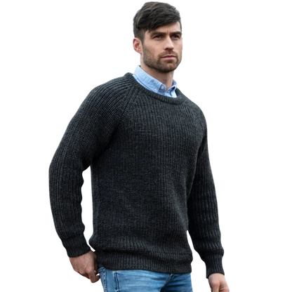Men's Fisherman Ribbed Aran Charcoal Jumper