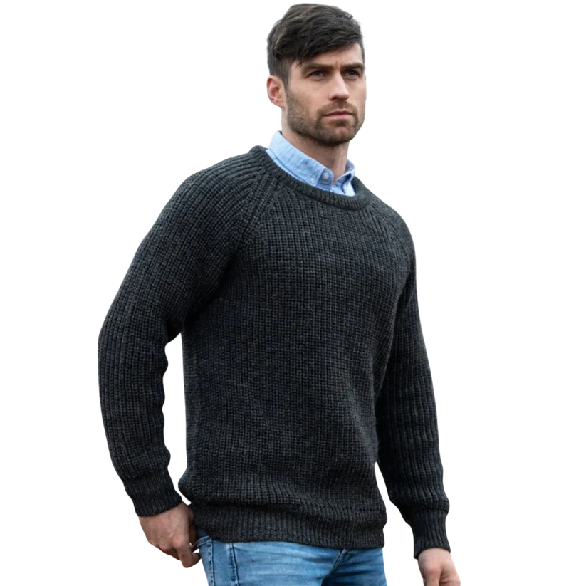 Men's Fisherman Ribbed Aran Charcoal Jumper