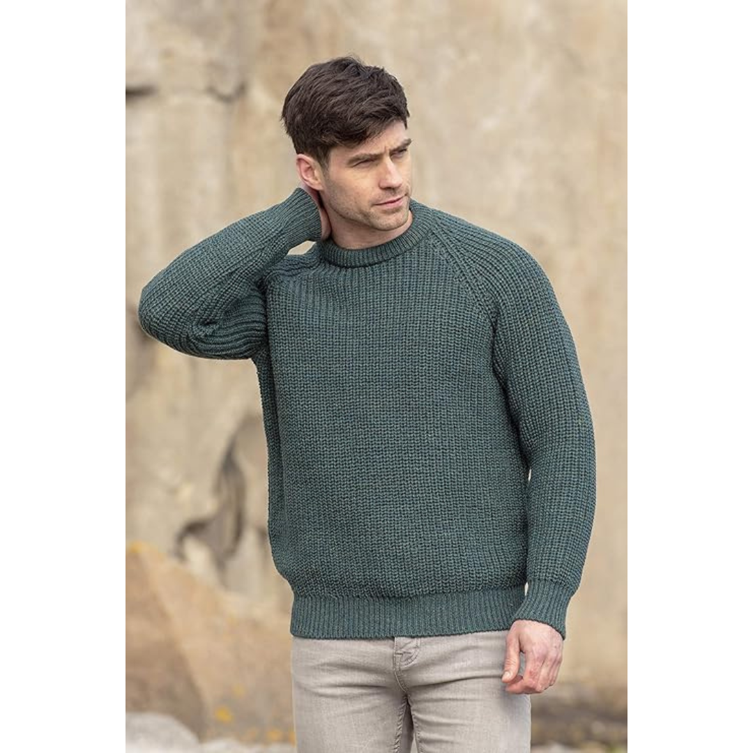 Mens Fisherman Ribbed Aran Jumper Moss 