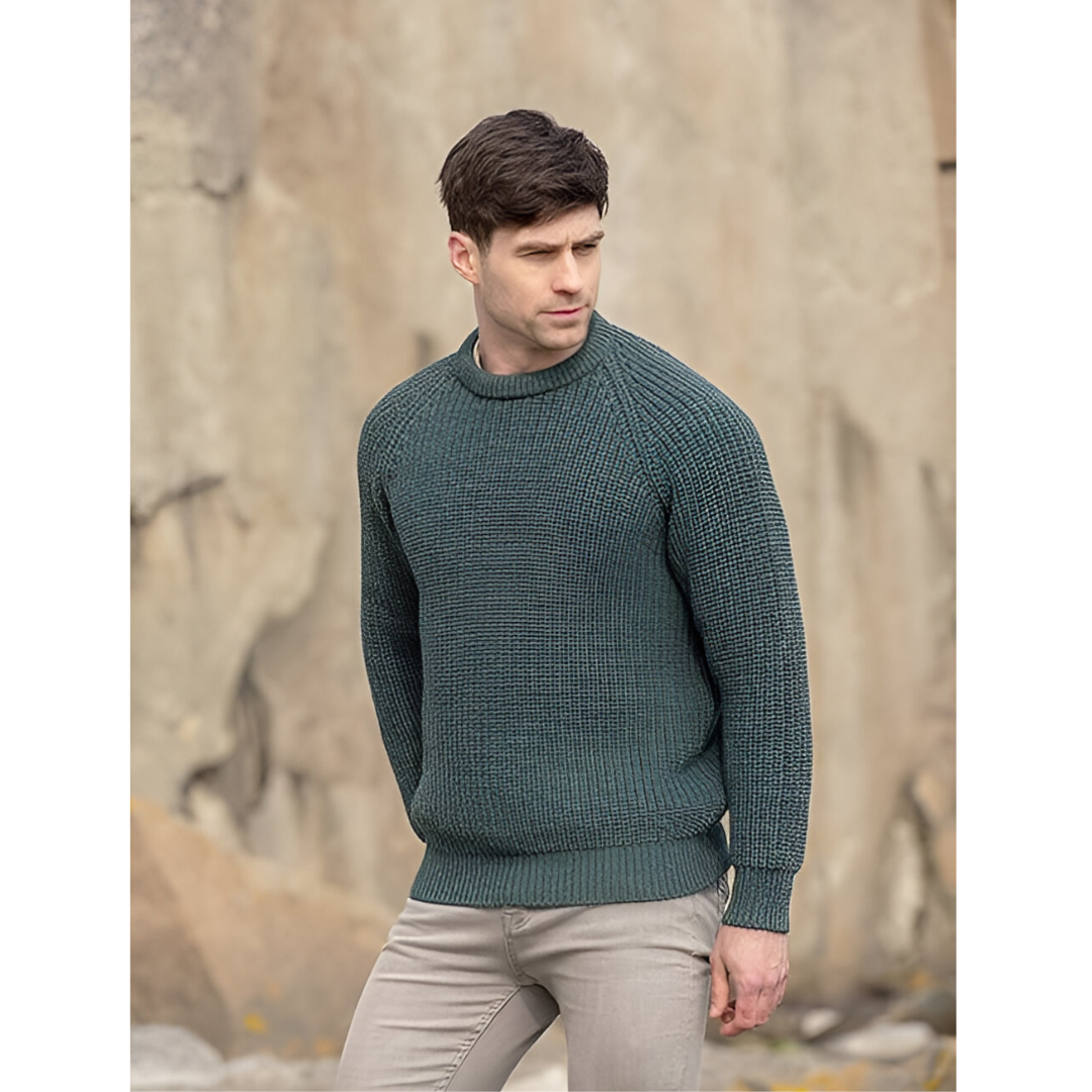Mens Fisherman Ribbed Aran Jumper Moss